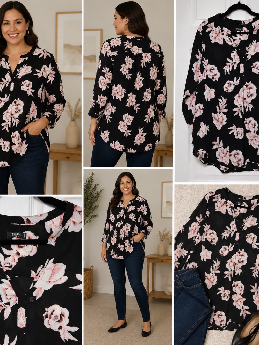 Premise Studio Floral Split-Neck Blouse - Black with Pink Floral - XL
